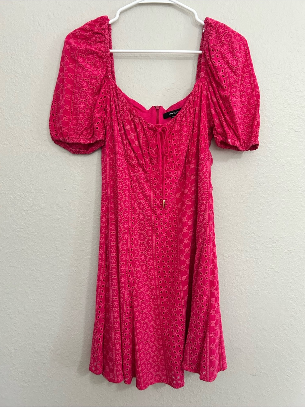 Studio Hot Pink Eyelet Puff-Sleeve Mini Dress